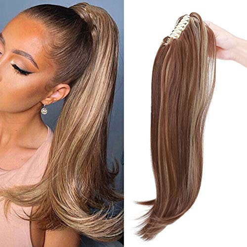 55 cm Kralle an Pferdeschwanz Extensions Lockig Clip in Ponytail Wavy Curly Synthetik Haare Extensions Haarverlängerung Zopf Haarteil Ponytail für Frauen Hellbraun & Aschblond
