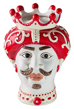 Testa di Moro in Ceramica in Stile Siciliano Dipinto a Mano, Vaso per piante da Interno, Soprammobile di design, Stile Italiano, Re Volto Rosso Grande, 18x22x26,5 cm