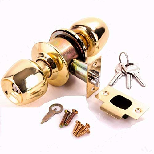 Brass Gold Steel Door Lock Round Knob Set Entrance Bathroom Bedroom with Key
