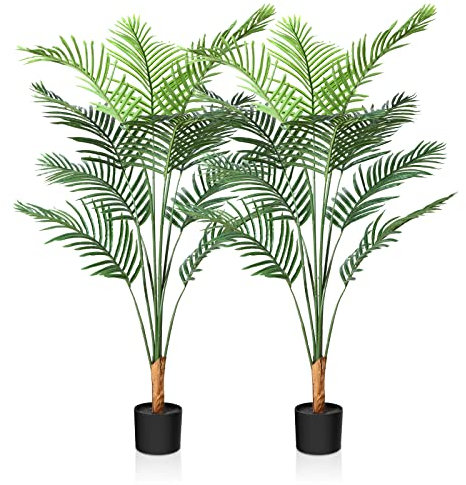 CROSOFMI Kunstpflanze Palmen 130 cm Plastik Künstliche Pflanze Groß Areca Palme im Topf Wohnzimmer Balkon Schlafzimmer Grün Deko (2 Pack)