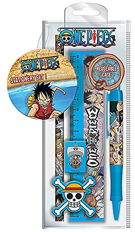 Pyramid Europe One Piece 5-teiliges Schreibwarenset mit Stift, Bleistift, Lineal, Bleistiftspitzer und Radiergummi - Offizielles Lizenzprodukt