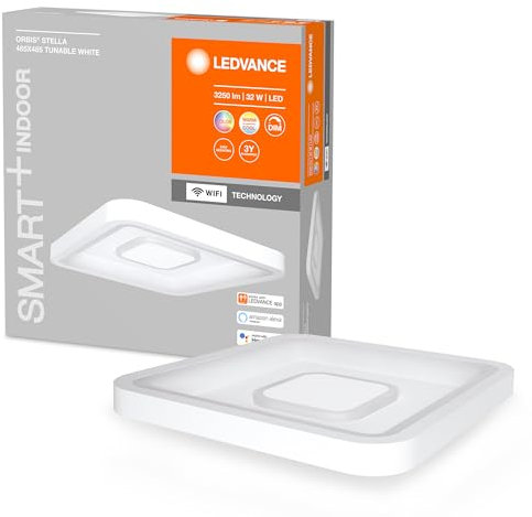 LEDVANCE ORBIS STELLA SMART+ WiFi Leuchte, 48x48cm, dimmbare LED Deckenleuchte für den Innenbereich, 32W, Farbtemperatur 2700-6500K, 3250 Lumen, 2 LED RGB Modul, quadrat Design, weiß