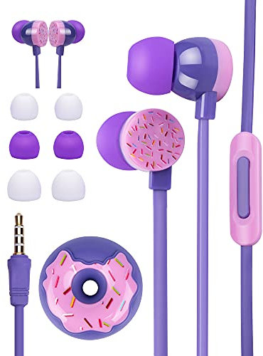 OHEDMEH Wired Earbuds for Kids in-Ear Headphones, Cute Donut Kids Earphones for School, Flat Cable Cute Earbud with Microphone and Lovely Kids Ear Buds Storage Case for Girls Boys and Adults (Purple)
