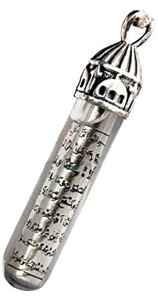 ☪ Pendentif Argent Ampoule Allah remplie d'Eau de Zamzam avec Verset du Trône (Ayat El Kursi) gravé sur un Tube en argent à l'intérieur de l'ampoule et Chaîne Argent 50 cm Z02 (Décor Mosquée)