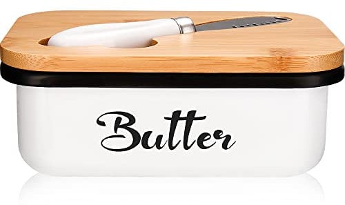 Butter Dish with Lid, Metal Butter Dish with Multi-Functional Knife, Lightweight Unbreakable Butter Container for Countertop Upgrade Double Silicone Seal, 14x5x9cm,White