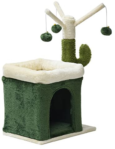 Fudajo Kratzbaum im Kaktus-Design 70 cm hoch, Katzenkratzbaum in Grün/Beige, Katzenbaum mit Katzenhaus und 3 Spielbällen, Kletterbaum für Katzen