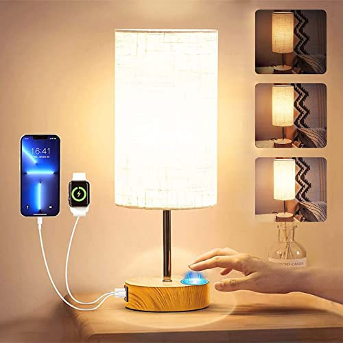 WYQSX Nachttischlampe Touch Dimmbar, E27 Birne, USB A+Typ-C-Anschlüssen, 3 Helligkeitsstufen, LED Tischlampe mit Vintage Lampenschirm aus Leinen, für Schlafzimmer Wohnzimmer and Büro nachtlicht