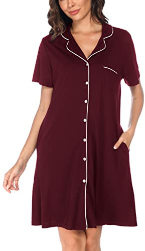 Vlazom Women Soft Nighties V-Neck Button Down Nightdress Classic Boyfriend Style Sleepshirt Relaxed Nightshirt Sleepwear Wine Red,XL