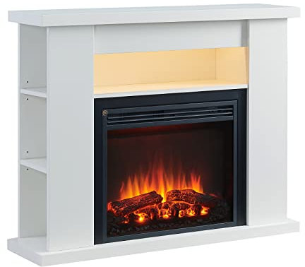 FLAMME 43 Lipson Electric Fireplace Suite White Colour with Storage Shelves Includes 2000w Heater with Glass Fronted Flame Effect, Remote Control