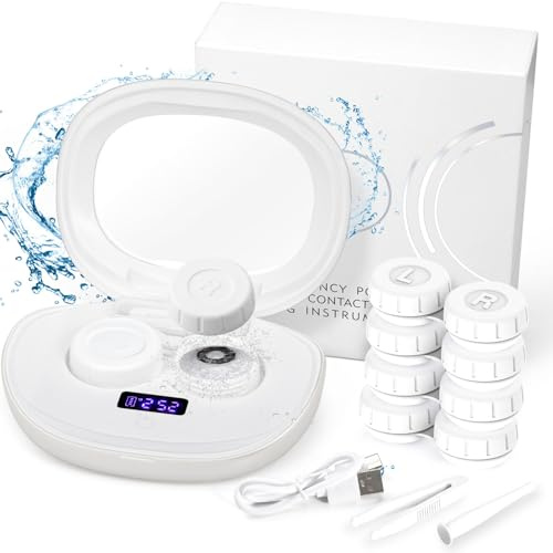 ANKUNABA Contact Lens Cleaner, Portable Ultrasonic Contact Lens Cleaning Machine with USB Charger, LED Timer Display & 5 Contacts Solution Cases Kit for Soft Hard Colored RGP Lenses (White)