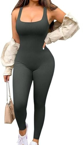 Jetjoy Damen Sport Jumpsuit Lang Yoga Armellos Workout Bodysuit Einteiler Ganzkörperanzug Jumpsuit eng Eckigem Ausschnitt Gerippte Jumpsuits Sportanzug Einteiliger