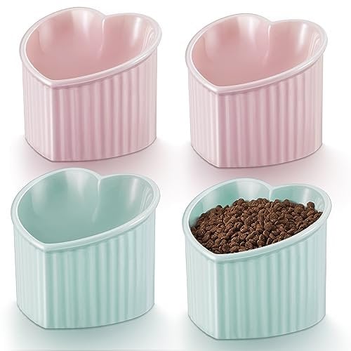 Tioncy 4 Pieces Raised Cat Food Bowl Cute Ceramic Elevated Cat Bowls Anti Vomit Cat Elevated Bowl Stress Less Water Dish Feeder for Small Dogs Pets Cats Indoor, Heart Shaped, Pink and Green