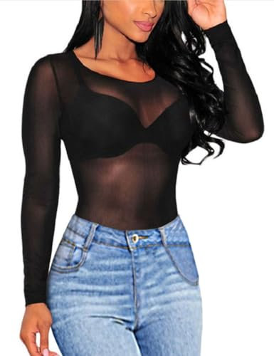 SEBOWEL Women Long Sleeves Sheer Mesh Tops Stretchy Sexy Sheer T Shirts See Through Mesh Blouse Black XXL