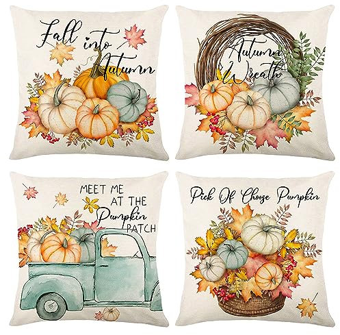 VEEKAY 4 Stück Herbstdeko Kissenbezug 45x45cm,Dekorative Kissenbezug Erntedankfest,Thanksgiving,Baumwolle Leinen Werfen Sie Kissenbezüge,für Sofa Bett Couch Home
