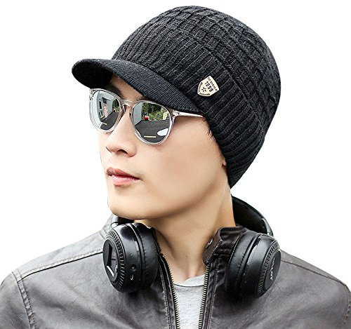 HIGOU Bagger Cap Männer warm Baggy Webdesign häkeln Winter-Wolle-Strick-Skikappenmütze Mützen Kinder Winter(Black,One Size)