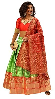 lehenga choli con dupatta vestidos de fiesta indios totalmente cosidos para mujer, Verde lima y rojo, XS
