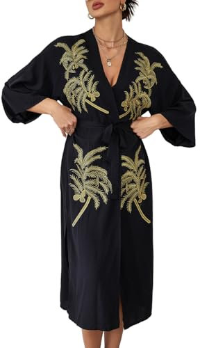 Bsubseach Lungo Kimono per Le Donne Casual Cover ups per Costumi da Bagno Ricamo Oro Costume da Bagno Coverup con Cintura