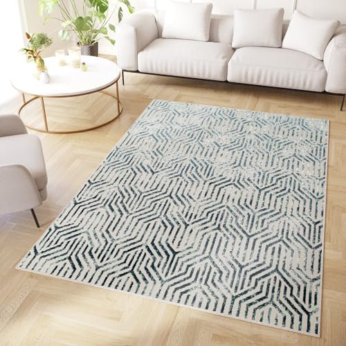 TAPISO Crystal Teppich Kurzflor Glänzend Blau Weiß Geometrisch Linien 3D Effekt Wohnzimmer Schlafzimmer Modern Design ÖKO-TEX 200 x 300 cm