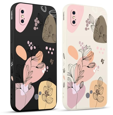 Pnakqil 2 stück Handyhülle für iPhone X/XS 5,8, Hülle Blumen Blätter Zeichnung Bemaltes Muster süß Ästhetik Silikon Schutzhülle Tasche Schön Mädchen Kameraschutz Stoßfeste Case