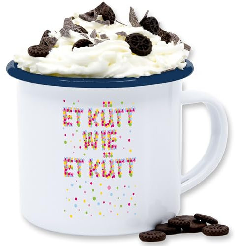 Emaille Tasse Blechtasse - Karneval & Fasching Tassen - Et kütt wie et kütt - Konfetti Köln Kölsch Grundgesetz Echte Kölner - 300 ml - Weiß Blau - karnevals fasnets karnelval rosenmontag