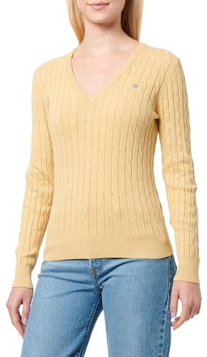 GANT Women's Stretch Cotton Cable V-Neck Pullover Sweater, Burnt Wheat, L