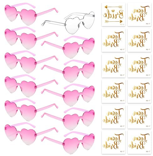 HIQE-FL Herz Sonnenbrille,12 Stück Herz Sonnenbrille Damen,Hippie Herzförmige Brille,Hippie Gläser,mit Tattoo Aufkleber,Randlose Herz Brille,für Geburtstagsfeiern, Hochzeiten, Außenaufnahmen