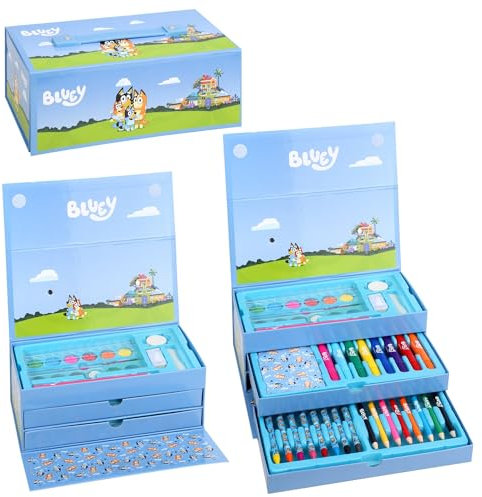 Bluey Juego de 52 piezas de papelería para colorear con punta de fieltro de acuarela, lápices de colores y lápices, juego de viaje para niños