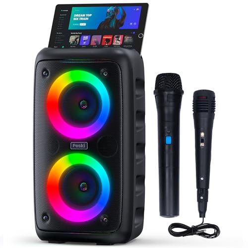 Karaoke Machine for Adults and Kids,Peski Portable Bluetooth Speaker with 1 Wireless Microphone and 1 Wired Mic,Rechargeable Powered Dj/PA Speaker System with TF Card,AUX in,REC,TWS for Birthday Party