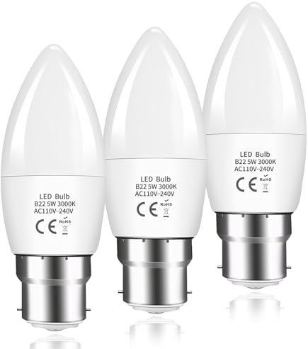 B22 LED Bayonet Cap Candle Bulbs 5W, C37 B22 LED Candle Light Bulb 40W Equivalent, 470LM Warm White 3000K, BC Energy Saving Candle Bulbs, Non-Dimmable, Pack of 3