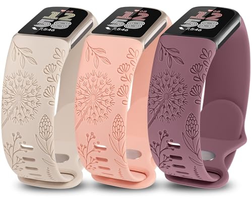 TOYOUTHS 3 Stück Löwenzahn Floral Gravierte Armband Kompatibel mit Fitbit Charge 6/Charge 5 Armband Damen, Blume Cute Weich Silikon Sport Armbänder für Charge 6, Polarstern/Pink/Rauch Violett
