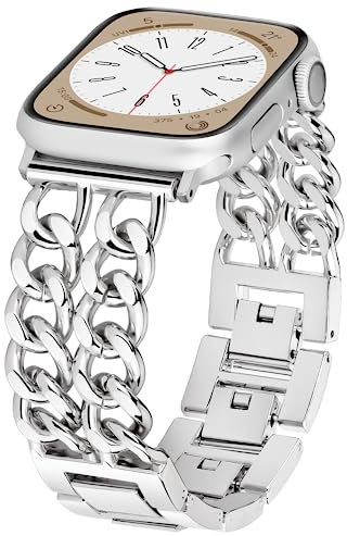 Aniaboho Kompatibel mit Apple Watch 11/10 Armband 45mm 44mm 49mm 42mm, Doppelketten Herren Damen Metall Armband iWatch für Apple Watch Ultra 2 1 SE 11 10 9 8 7 6 5 4 3 2 1, Schmuck für Fraue, Silber