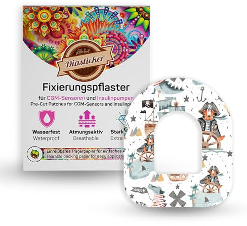 Diasticker® | Pflaster für Omnipod (5 Stück, Ahoy Pirates) | Wasserfest - Hautfreundlich - Atmungsaktiv - Starker Halt | Selbstklebende Fixierpflaster, Pod-Fixierung