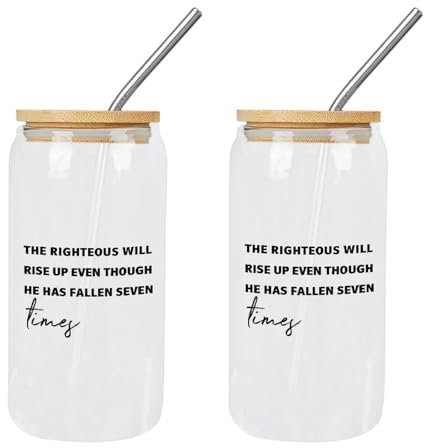 Yelolyio 2 Gläser mit Deckel und Strohhalmen, The Righteous Will Rise Up Even Though He Has Fallen Seven Times, Glasbecher, Geschenk für Muttertag, ideal für Boba-Tee, Wasser