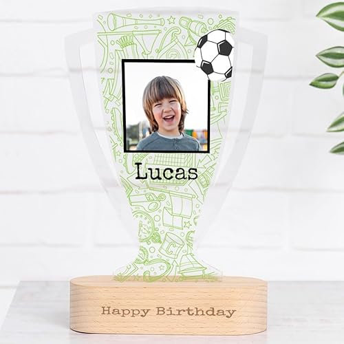 Wanapix | Coppa Trofeo Personalizzabile con Nome e Foto | Trofeo Calcio | Coppa Personalizzata | Plexiglass | Base in Legno Naturale Inciso | Football