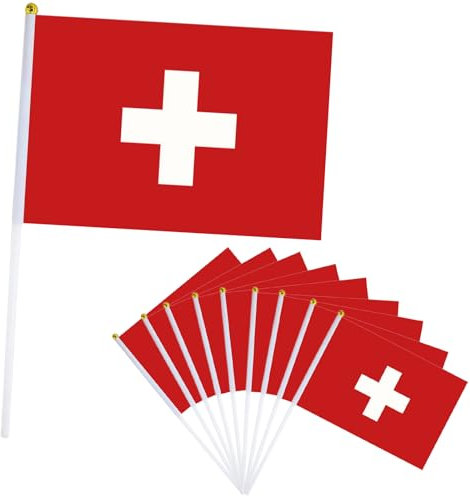 Lot de 10 drapeaux Suisse pour décorations Oly 2024, petits drapeaux suisses à main, mini drapeaux à main de 14 x 21 cm, décoration sur le thème des jeux Oly pour jardin, bar, rue Oly 2024