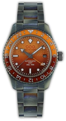 Out of Order NEGRONI GMT Automatische Herrenuhr aus orangefarbenem Stahl mit Datum und gealtertem Saphir, silber / schwarz, Armband