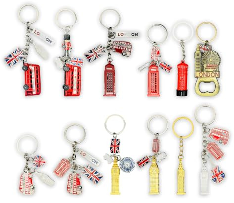 SAJAK London Souvenir Keyrings Set of 12, Multi-Charm Icons & Bottle Opener