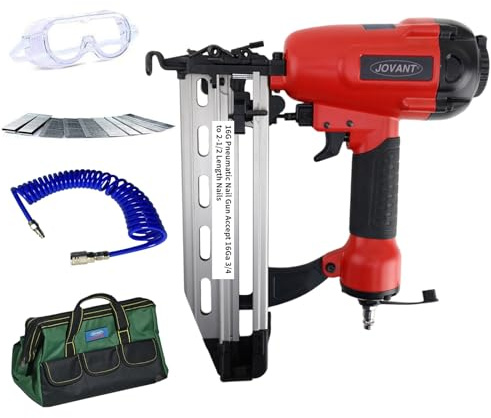 Jovant Pnumatic Finish Nailer, 16 Gauge Nail Gun Acepts 3/4 Inch Up to 2-1/2 Inch Finish Nails. Brad Nailer Gun Can Hit Hardwood Ideal for Upholstery, Woodworking (Includes 6 m Air Tube & Portable