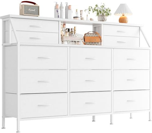 MUTUN Kommode für Schlafzimmer mit 13 Schubladen, 139,7 cm breite Kommode, Stoffkommode mit 2 Holzregalen, Aufbewahrungs-Organizer-Einheit mit Stoffbehältern für Schlafzimmer, Wohnzimmer, Flur, Weiß
