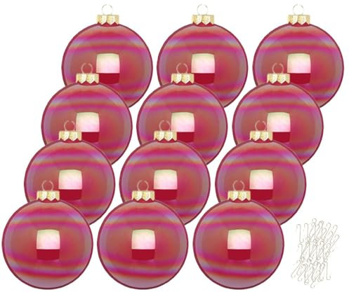 Inge Glas große Weihnachtskugeln mit Haken | Christbaumkugeln aus Glas | Set 12 Kugeln 8cm groß und 40 Aufhänger | Christbaumschmuck Weihnachtsbaumkugeln (Dazzling Flamingo | irisierend pink)