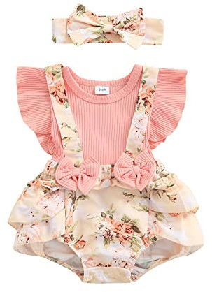 LYSINK Newborn Baby Girl Romper 2Pcs Sets Short Sleeve Mesh Tutu Dress Flower Lace Ruffle Jumpsuits Dress with Headband (Be Pink, 6-9 Months)