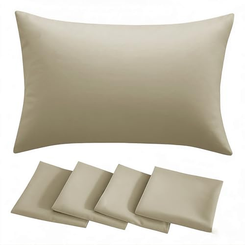 RUIKASI Khaki Pillow Cases 4 Pack - Plain Pillowcases with Envelope Closure Breathable Premium Brushed Microfiber Set of 4 Pillow Covers Standard 50x75 cm