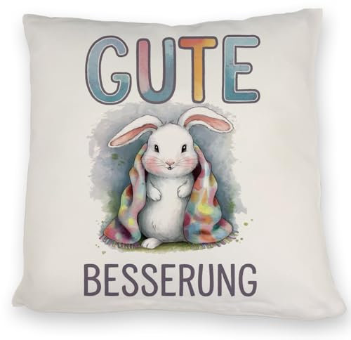 Gute Besserung Kissen - Weißes Kaninchen in Einer Decke DekoKissen mit Spruch - lustiges Aufmunterungsgeschenk