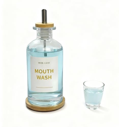 Yumzxin 11.8OZ Glass Mouthwash Bottle with Bamboo Tray & Stainless Steel Nozzle, Refillable Bathroom Organizer, Essential Oil Dispenser, Minimalist Vanity Decor