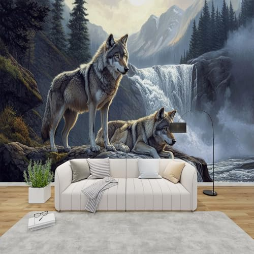 PaxGloz Fototapete Wölfe Tapete Wolf Wald Wasserfall Tapeten Vliestapete Modern Wandtapete Wohnzimmer Schlafzimmer Kinderzimmer Wanddeko Motivtapeten 350 x 256 cm (B x H)