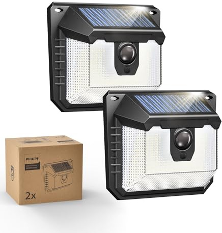 Philips Lampe Solaire Extérieur avec Détecteur, 120 LEDs Sécurité, 3 Modes, Étanche pour Jardin Clôture Garage Lot de 2