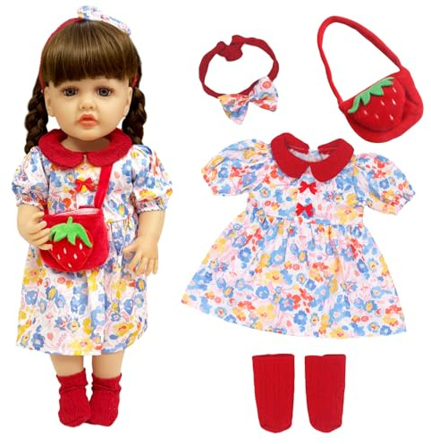 Baby Puppenkleidung für 20-22 Zoll große Babypuppen, 50-55 cm Süße Babypuppen Outfits mit 1 Kleid + 1 Stirnband + 1 Paar Socken + 1 Tasche, Rote große Babypuppenkleidung, als Geschenk für Mädchen