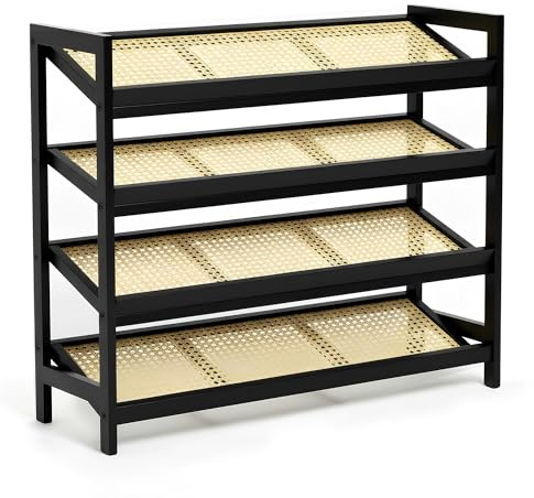 KEPLIN 4 Tier Bamboo and Rattan Shoe Organiser Rack – Eco-Friendly, Durable, Easy Assembly – Compact Design for Entryway, Closet, or Hallway – Stylish and Functional Storage – Black and Natural