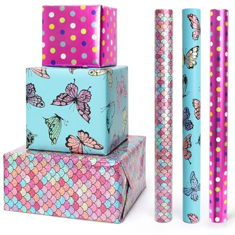 PARTY GO Geschenkpapierrollen aus Aluminiumfolie mit Schmetterlingsmuster Ideal für festliche Anlässe, Weihnachten, Geburtstage, Partys oder Hochzeiten (3 Rollen à 43 cm x 3 m)