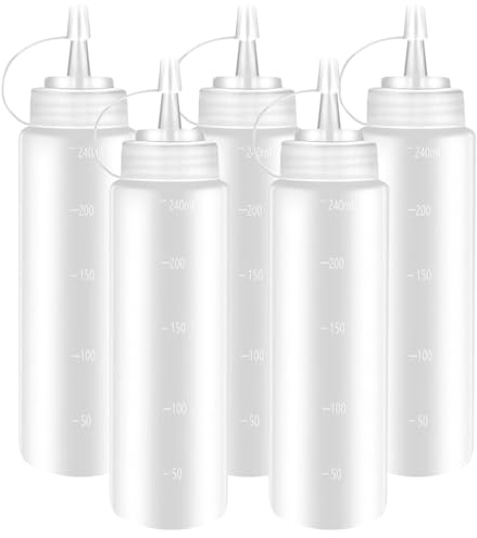 Zorplex Lot de 5 Bouteilles Presse 240 ml en Plastique Transparent avec Bouchon, Bouteille à Sauce, Flacons Réutilisables pour Sauces, Condiments, Ketchup, Mayonnaise, BBQ, Sirop, Huile et Pâtisserie